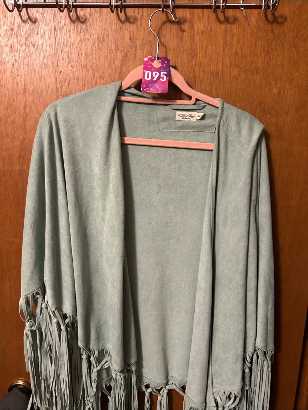 Tasha Polizzi Sage Green Fringed Open-Front Poncho